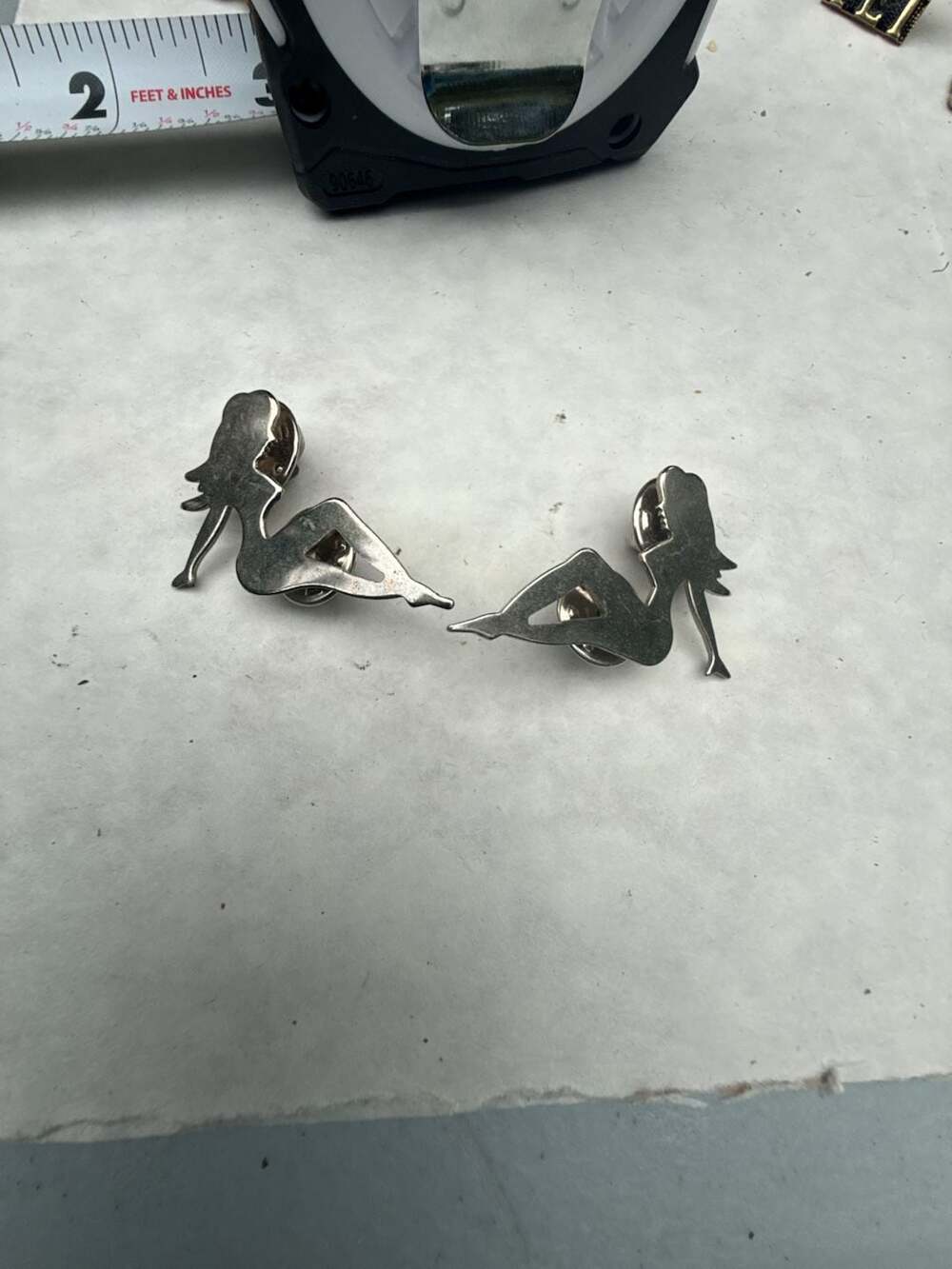 Vintage Mudflap Girl Silhouette Lapel Pin Pair Silver Tone Metal